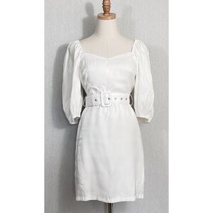 Retro & Icone white belted puff 1/2 sleeve sweetheart neckline mini dress